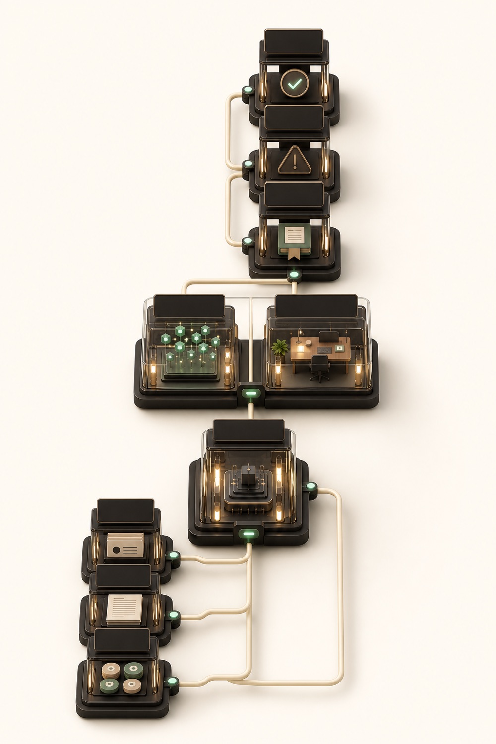 Hyphen's governed flow rendered in 3D: records, documents, and requests enter at one end; rules and AI run the work inside guardrails while a person approves the hard calls; every item leaves cleared, escalated, or logged.